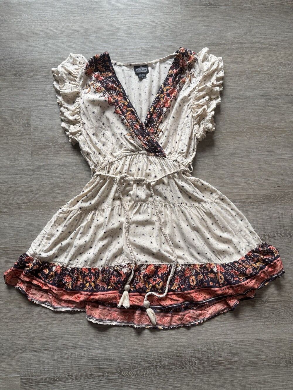 Angie Flutter Sleeve Mini Dress Sz Large Ditsy Floral Print Boho Hippie Cottage